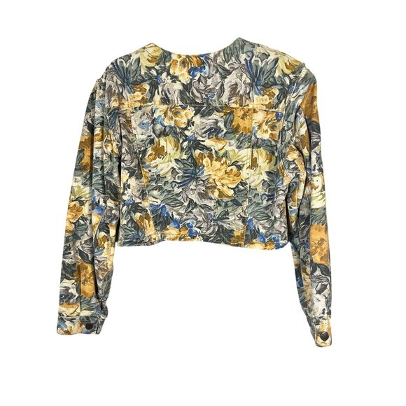 Retro Floral Crop Denim Jacket L Tan Tropical Preppy Chic Cottagecore 80s Artsy - Picture 2 of 11